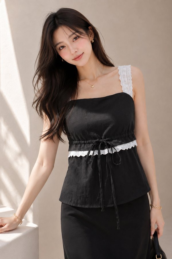 Tannia Lace Trim Top Black