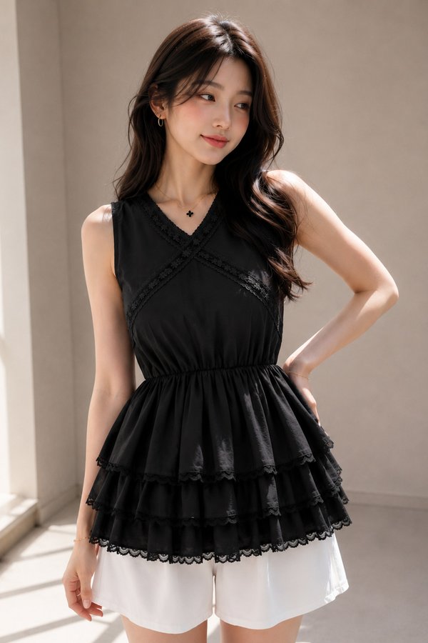 Gina Lace Trim Top Black