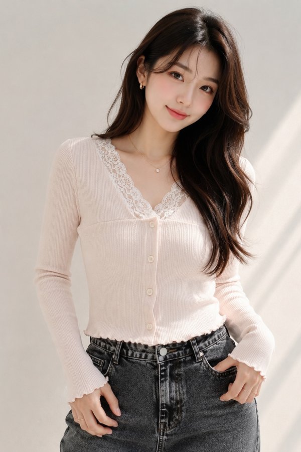 Carina Lace Trim Cardi Top Pink