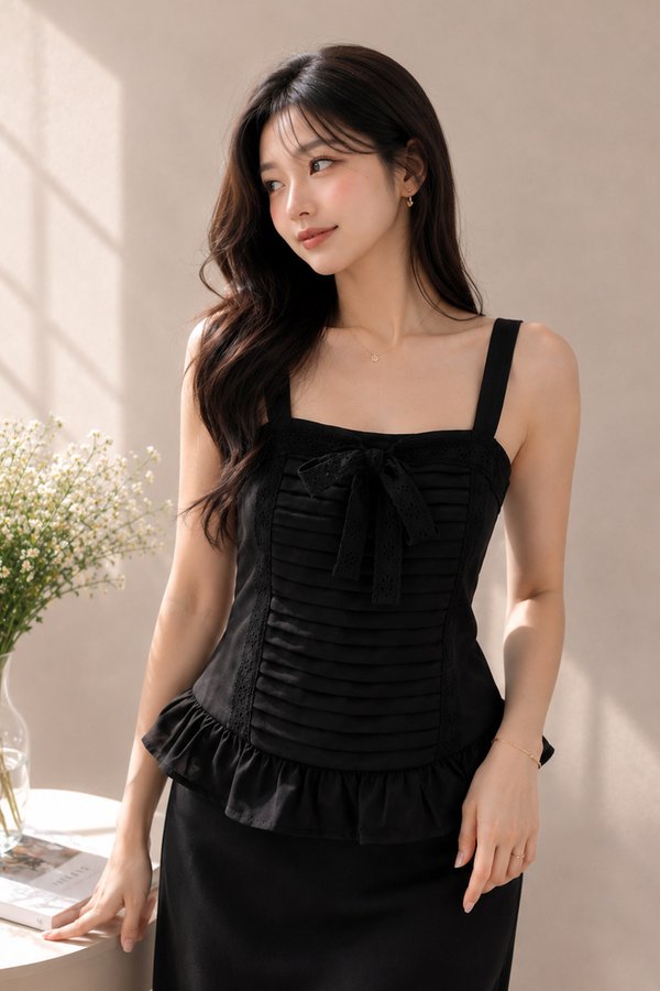 Sharlotte Lace Trim Top Black