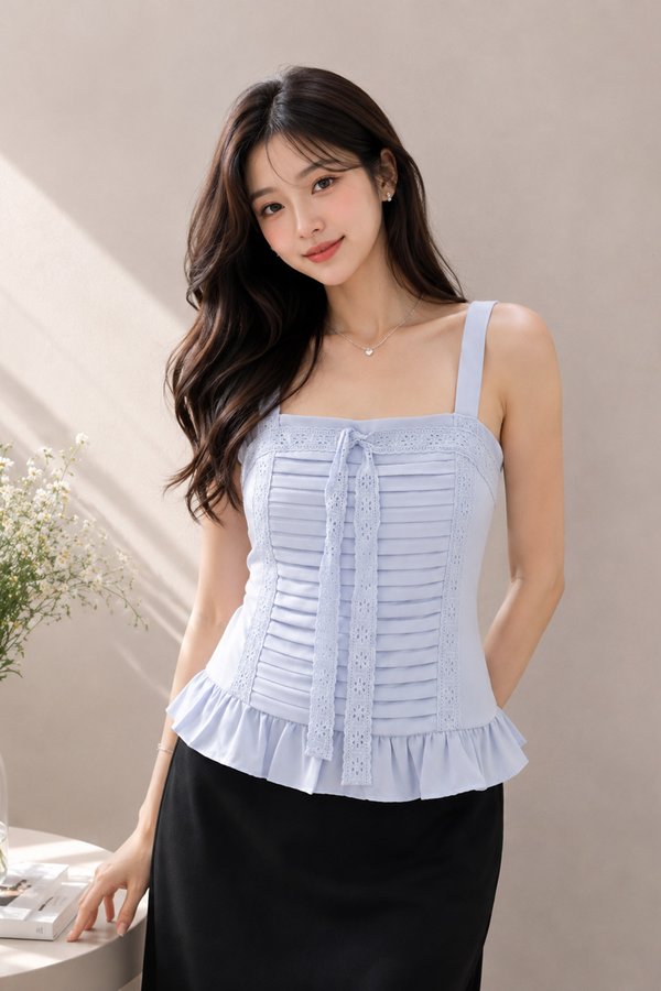 Sharlotte Lace Trim Top Sky Blue