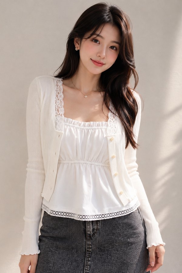 Carina Lace Trim Cardi Top White