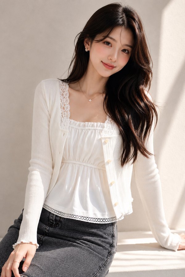 Carina Lace Trim Cardi Top White