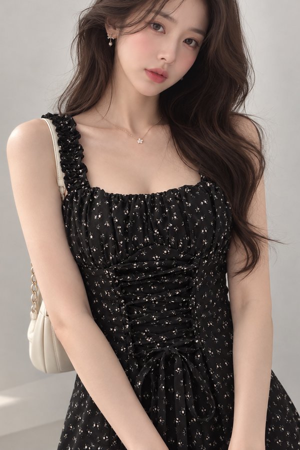 Lanica Padded Dress Black Floral