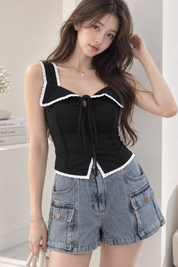 Halley Lace Trim Collared Top Black