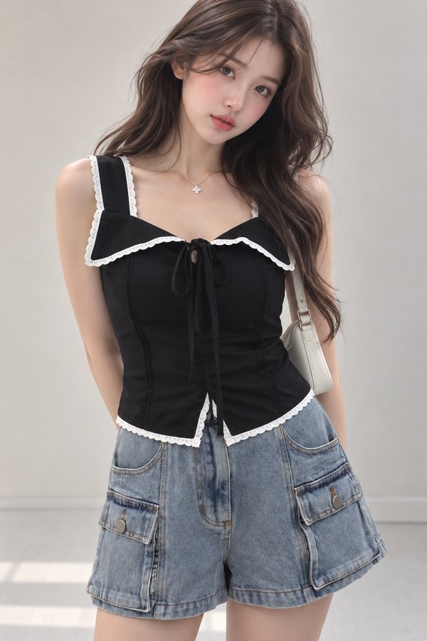 Halley Lace Trim Collared Top Black