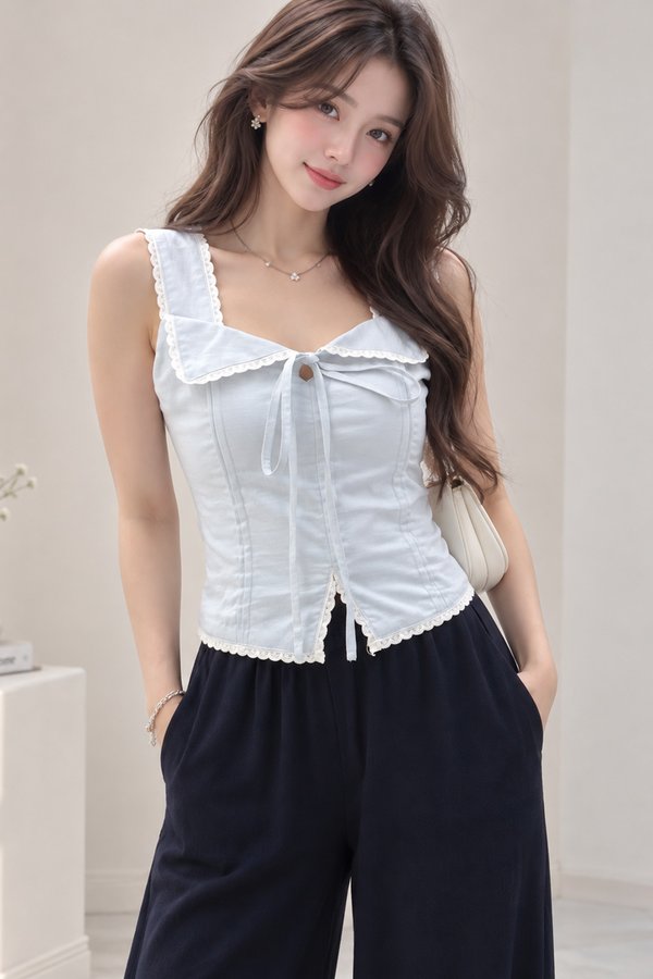 Halley Lace Trim Collared Top Baby Blue