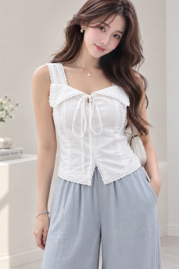 Halley Lace Trim Collared Top White