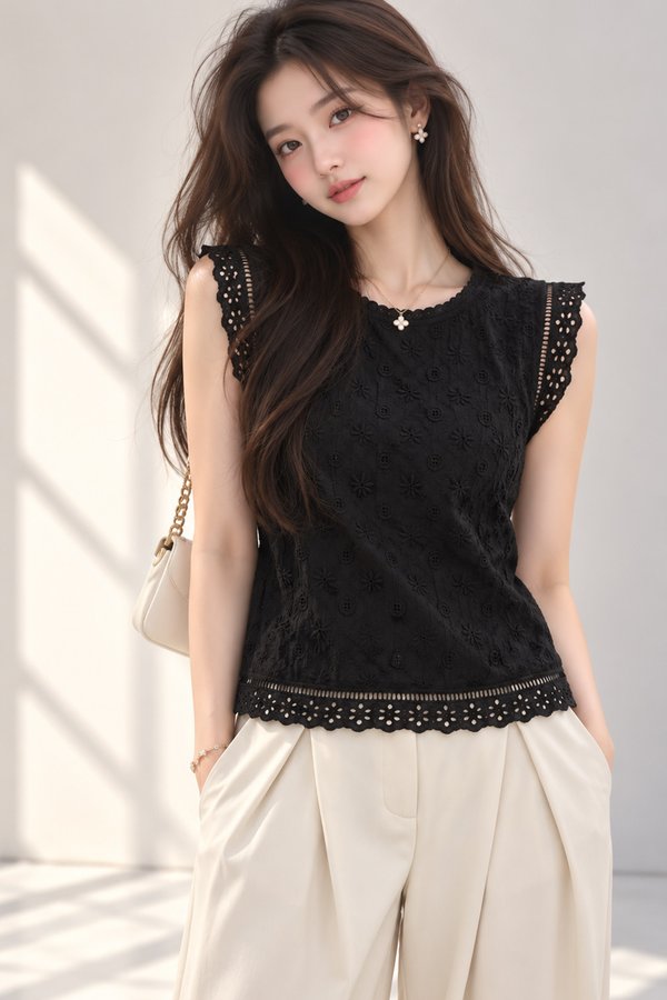 Laurel Crochet Eyelet Top Black