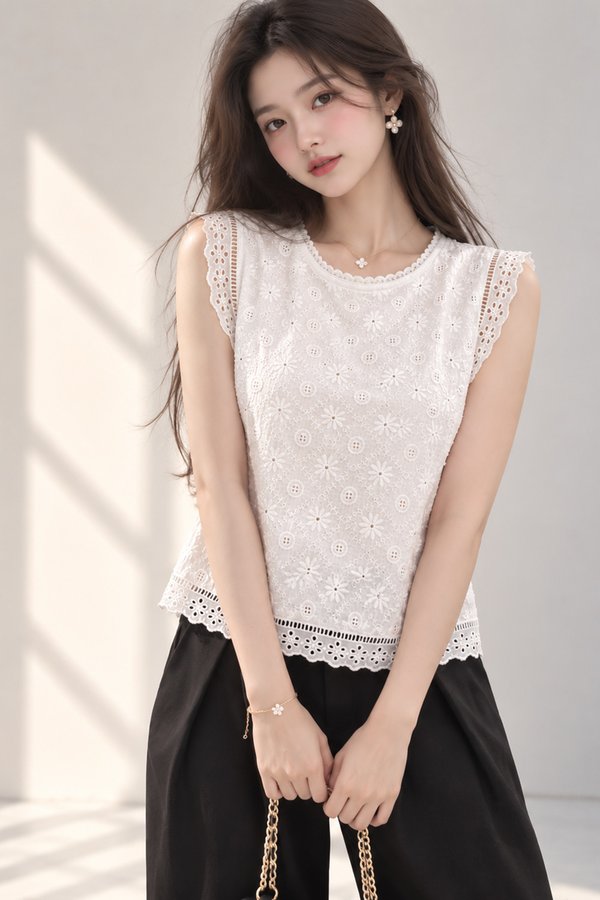 Laurel Crochet Eyelet Top White