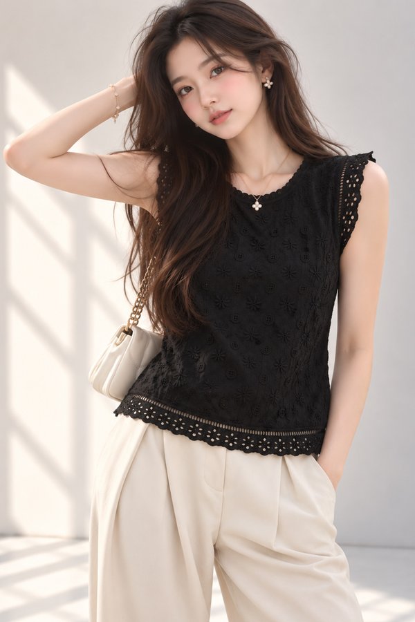 Laurel Crochet Eyelet Top Black