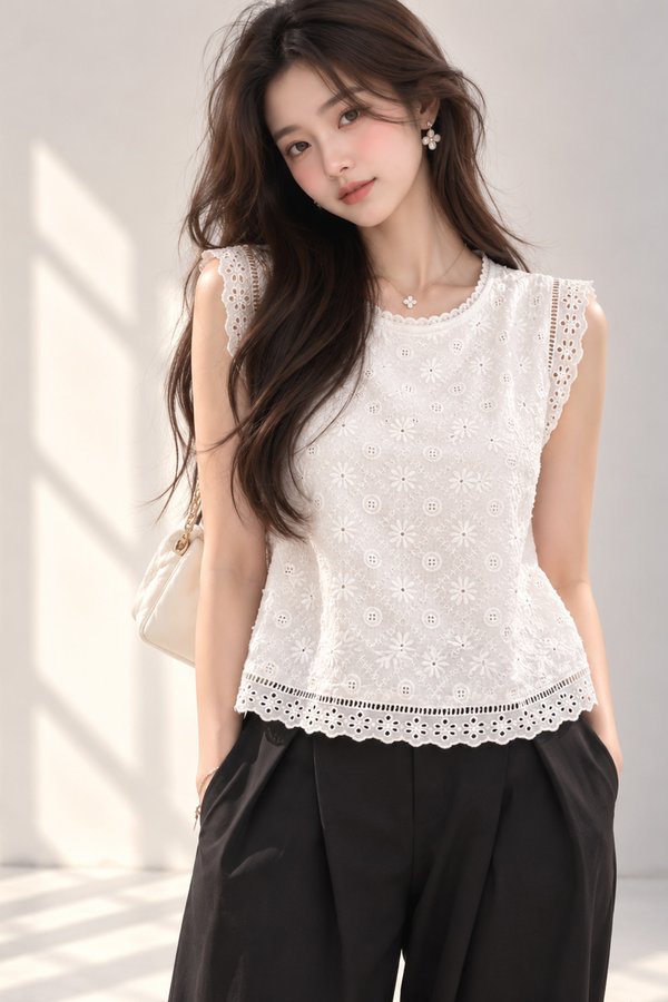 Laurel Crochet Eyelet Top White